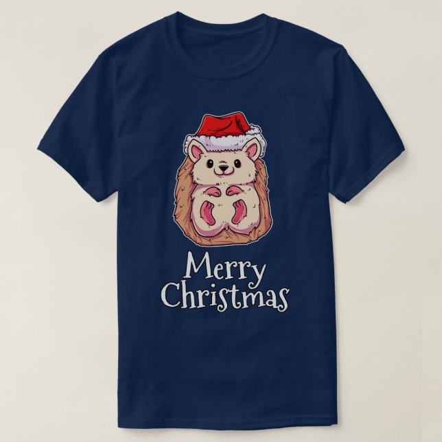 Merry Christmas Hedgehog Santas Hat Hedgehog T-Shirt (Design Front)