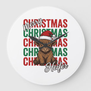 Merry Christmas Heifer Cow Holiday Shirt Design_1 Large Clock