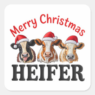 Merry Christmas Heifer Funny Cow Xmas Holiday Square Sticker