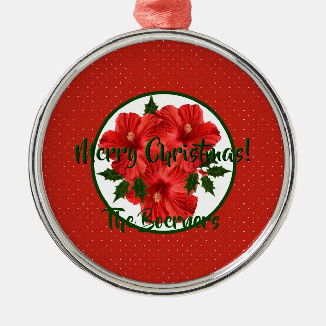 Merry Christmas Hibiscus Holly Holiday Round Metal Ornament (Front)