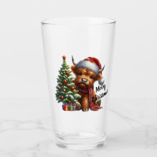 Merry Christmas Highland Cow and Christmas Tree Glass