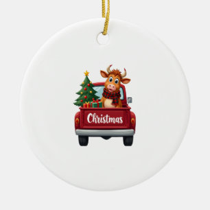 Merry Christmas Highland Cow Christmas Tree Red Tr Ceramic Ornament