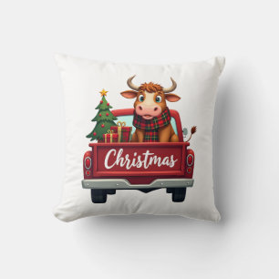 Merry Christmas Highland Cow Christmas Tree Red Tr Cushion