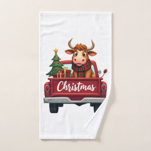 Merry Christmas Highland Cow Christmas Tree Red Tr Hand Towel