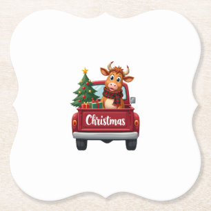 Merry Christmas Highland Cow Christmas Tree Red Tr Paper Coaster