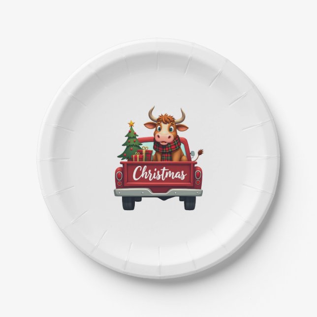 Merry Christmas Highland Cow Christmas Tree Red Tr Paper Plate (Front)