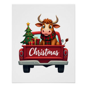 Merry Christmas Highland Cow Christmas Tree Red Tr Poster
