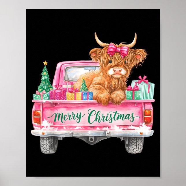 Merry Christmas Highland Cow Nk Truck Xmas Tree Wo Poster (Front)