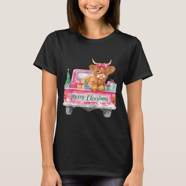 Merry Christmas Highland Cow Nk Truck Xmas Tree Wo T-Shirt (Front)