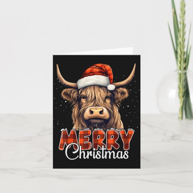 Merry Christmas Highland Cow Western Santa Hat Xma Card (Front)