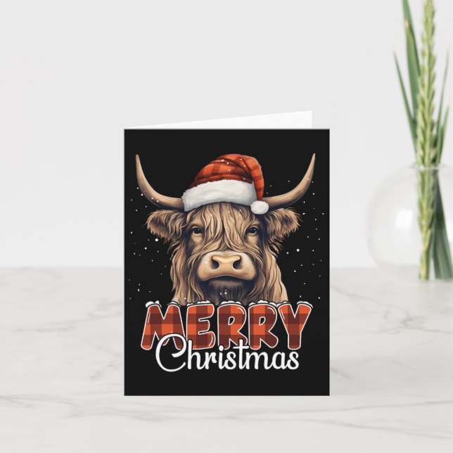 Merry Christmas Highland Cow Western Santa Hat Xma Card (Front)