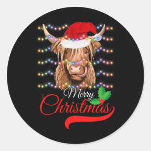 Merry Christmas Highland Cow Western Santa Hat Xma Classic Round Sticker