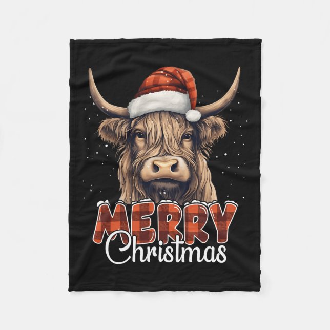 Merry Christmas Highland Cow Western Santa Hat Xma Fleece Blanket (Front)
