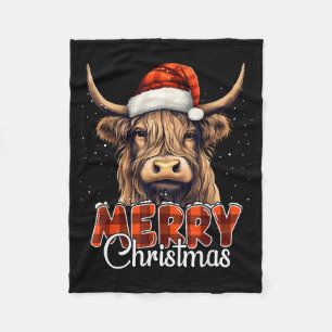 Merry Christmas Highland Cow Western Santa Hat Xma Fleece Blanket