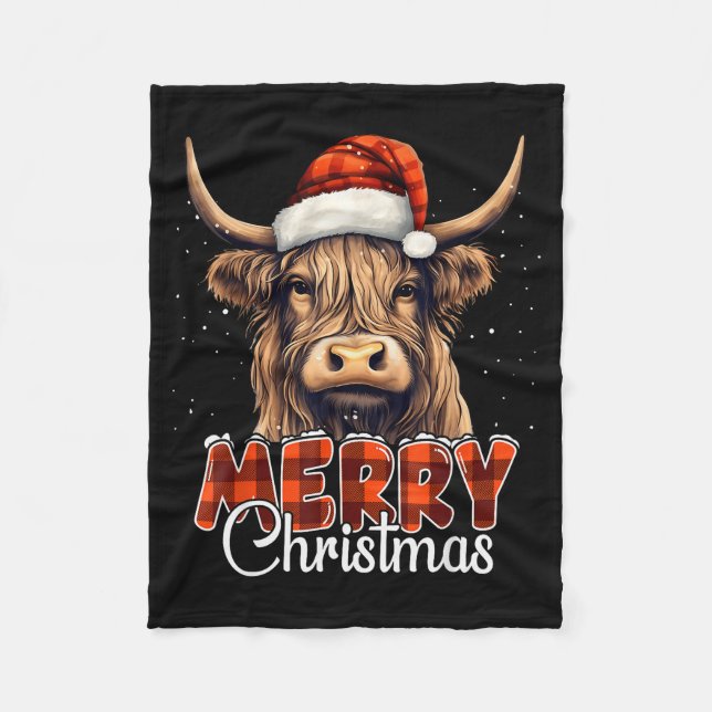 Merry Christmas Highland Cow Western Santa Hat Xma Fleece Blanket (Front)