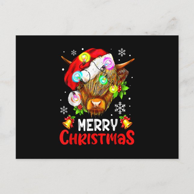 Merry Christmas Highland Cow Western Santa Hat Xma Holiday Postcard (Front)