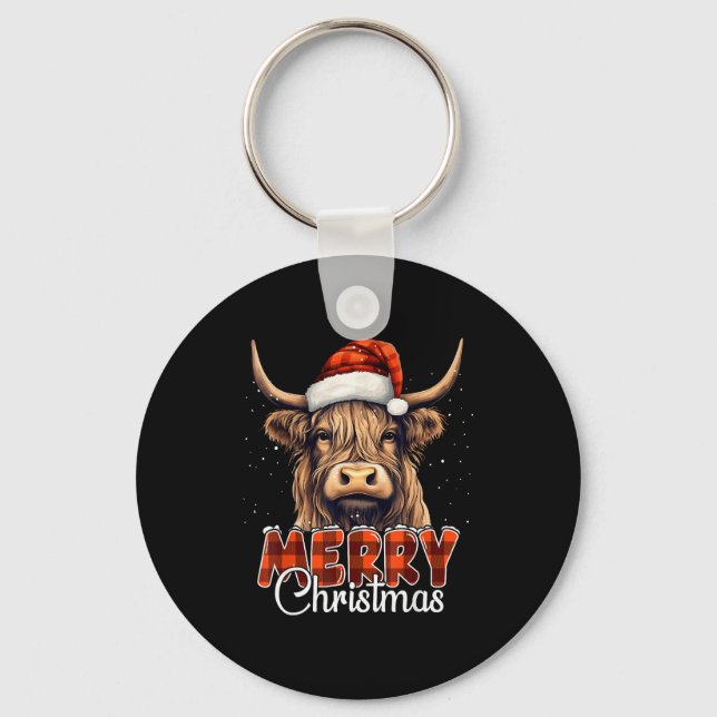 Merry Christmas Highland Cow Western Santa Hat Xma Key Ring (Front)