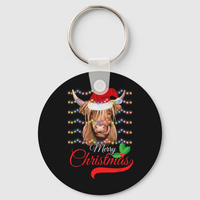 Merry Christmas Highland Cow Western Santa Hat Xma Key Ring (Front)