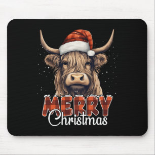 Merry Christmas Highland Cow Western Santa Hat Xma Mouse Pad