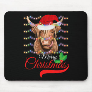 Merry Christmas Highland Cow Western Santa Hat Xma Mouse Pad