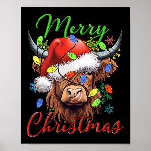 Merry Christmas Highland Cow Western Santa Hat Xma Poster