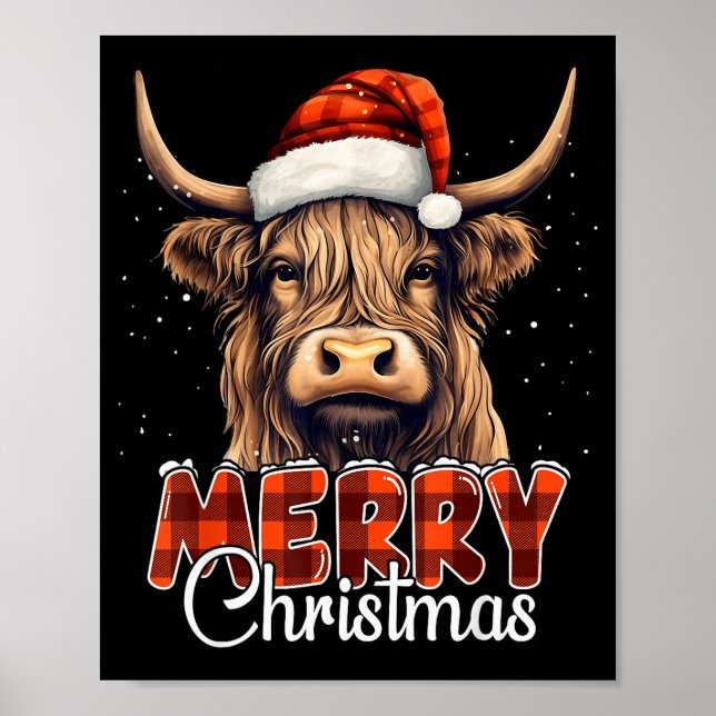 Merry Christmas Highland Cow Western Santa Hat Xma Poster (Front)