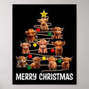 Merry Christmas Highland Cow Western Xmas Tree Paj Poster