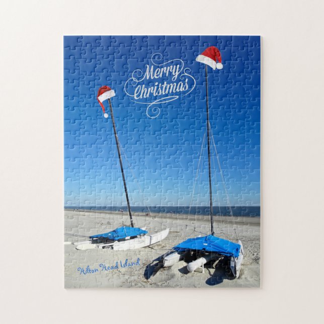 Merry Christmas Hilton Head Island Beach and Boats Jigsaw Puzzle (Vertical)