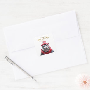 Merry Christmas Hippo beanie and scarf Square Sticker