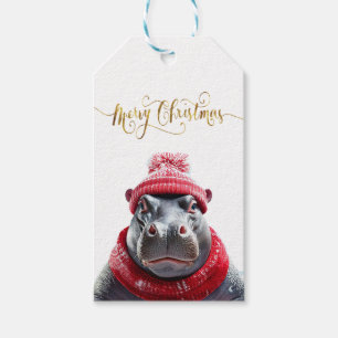 Merry Christmas Hippo Santa hat and scarf Gift Tags