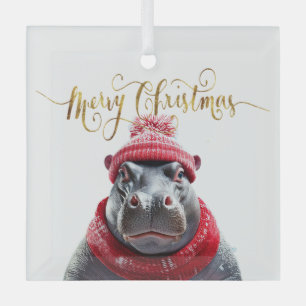 Merry Christmas Hippo Santa hat and scarf Glass Tree Decoration