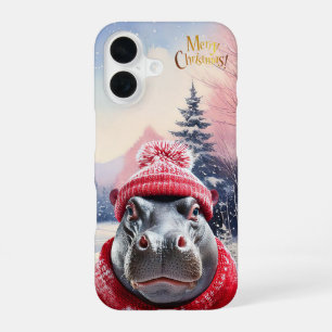 Merry Christmas Hippo Santa hat and scarf iPhone 16 Case