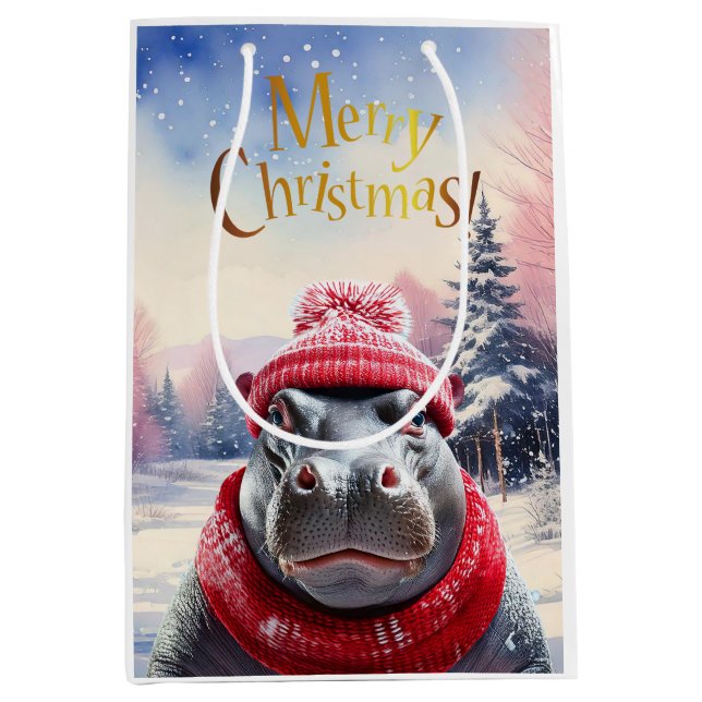 Merry Christmas Hippo Santa hat and scarf Medium Gift Bag (Front)