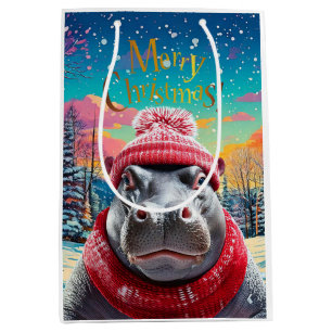 Merry Christmas Hippo Santa hat and scarf Medium Gift Bag