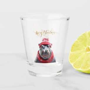 Merry Christmas Hippo Santa hat and scarf Shot Glass