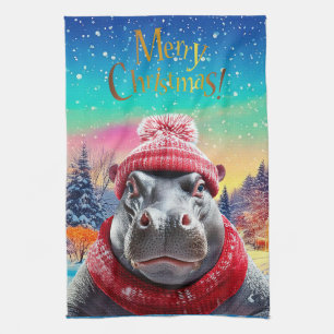 Merry Christmas Hippo Santa hat and scarf Tea Towel