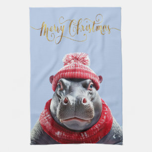 Merry Christmas Hippo Santa hat and scarf Tea Towel