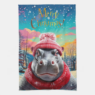Merry Christmas Hippo Santa hat and scarf Tea Towel