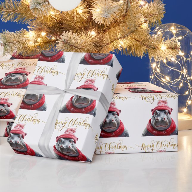 Merry Christmas Hippo Santa hat and scarf Wrapping Paper (Holidays)