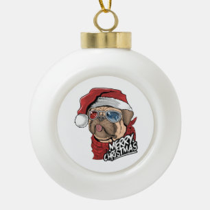Merry Christmas Hipster Pug Ceramic Ball Christmas Ornament