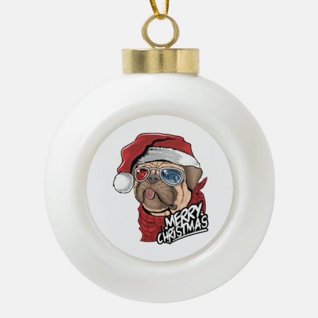 Merry Christmas Hipster Pug Ceramic Ball Christmas Ornament (Front)