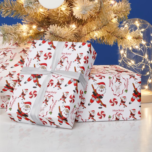 Merry Christmas Hockey Santa Claus Wrapping Paper (Holidays)