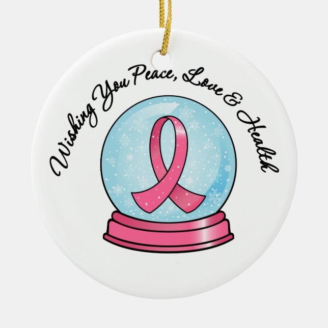 Merry Christmas Holiday Breast Cancer Ribbon Snowg Ceramic Ornament (Front)