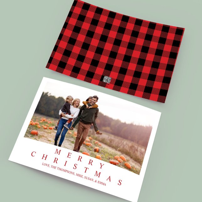 Merry Christmas Holiday Buffalo Check One Photo (Merry Christmas red and black buffalo check typography multi photo greeting card. )