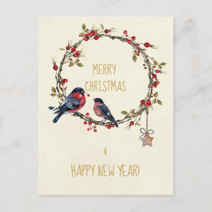 Merry Christmas holiday card birds holly berries