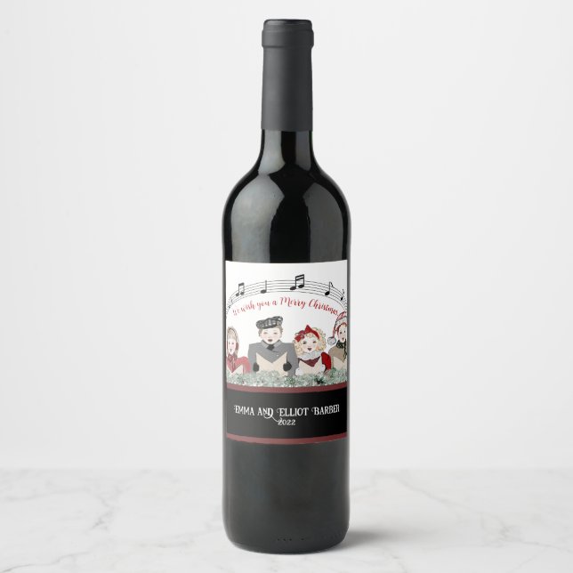 Merry Christmas Holiday Carolers Personalised  Wine Label (Front)