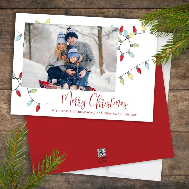 Merry Christmas Holiday Cute Festive String Lights Card (Merry Christmas cute calligraphy script single photo greeting card template. )