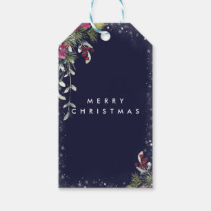 Merry Christmas holiday floral glitter gift tags