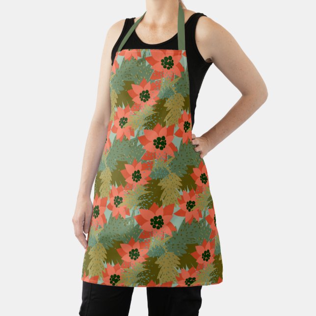 Merry Christmas Holiday Floral Poinsettia Pattern Apron (Insitu)