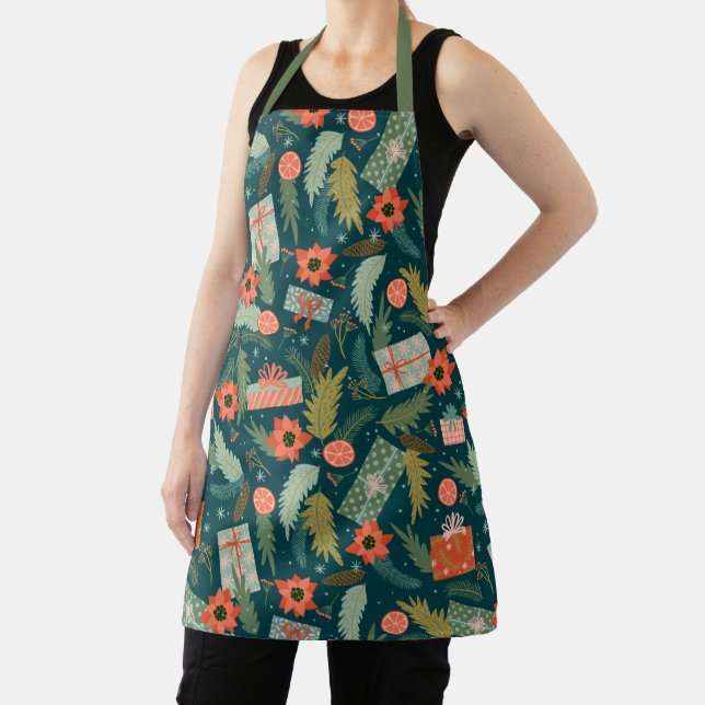 Merry Christmas Holiday Floral Poinsettia Pattern Apron (Insitu)